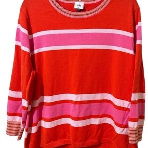 CAbi Women's Orange and Pink Striped Crew Neck Sweater